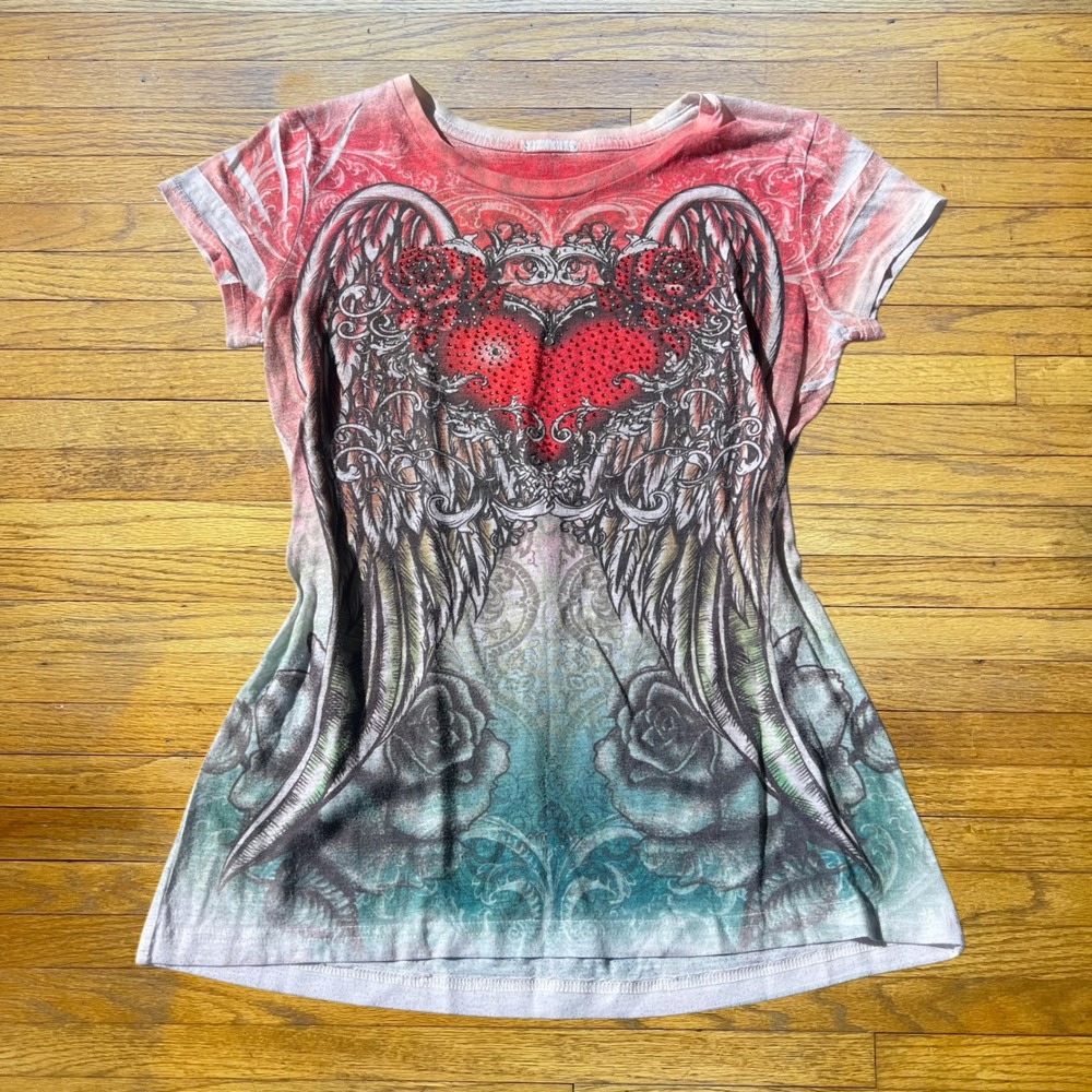 Y2K Angel Wings Heart Graphic Tee Rhinestone Ombre Cyber Grunge Top Red Teal